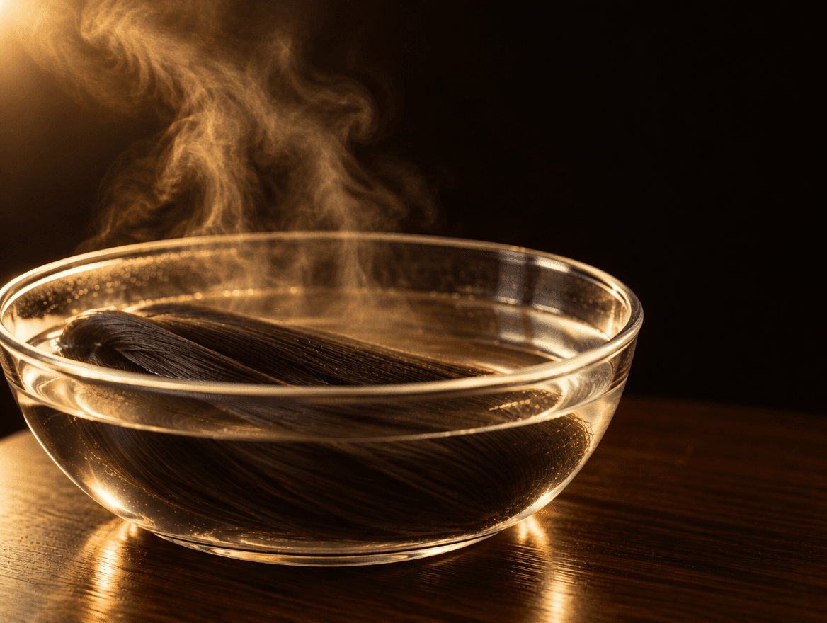 AI illustration: steam rising from a glass bowl of hot water with loose synthetic braiding hair inside