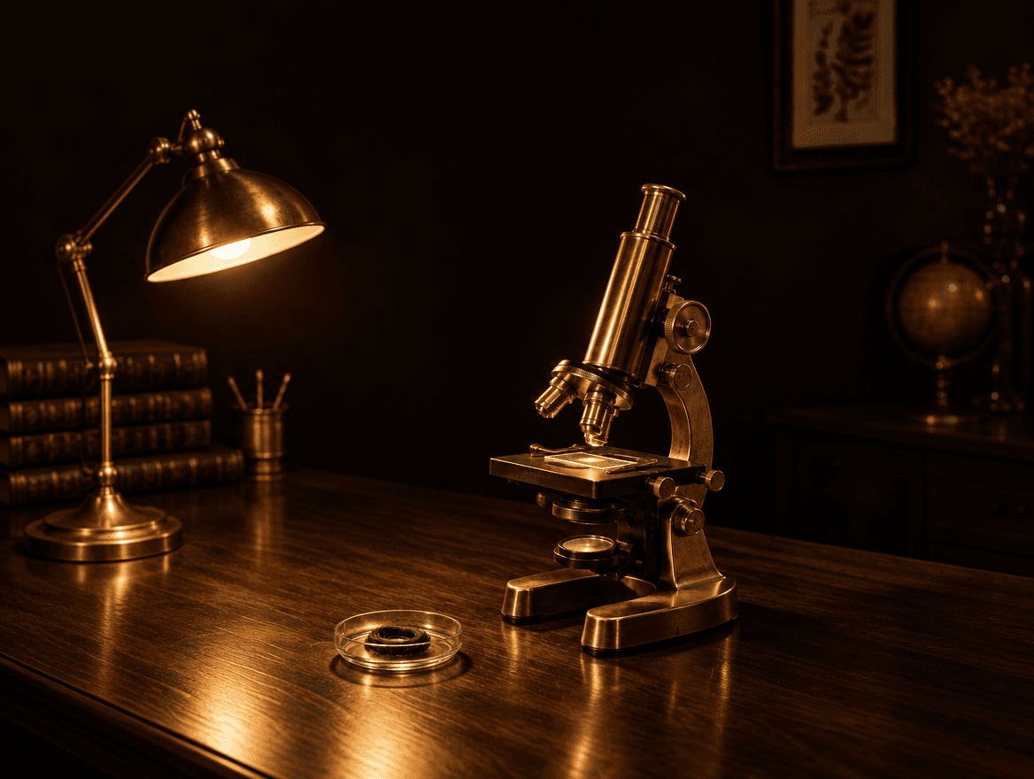 AI illustration: a brass microscope beside a single strand of hair in a dish, in a warmly lit study