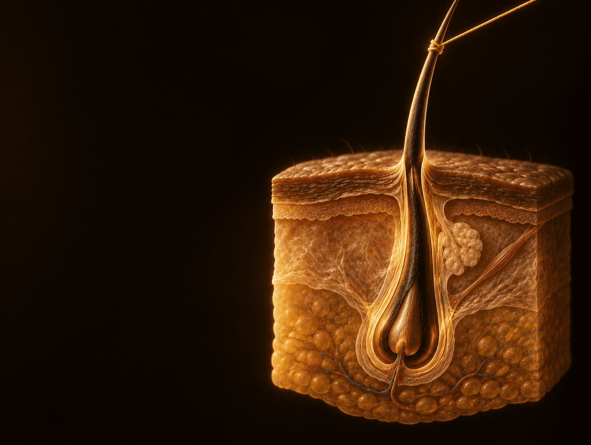 AI illustration: a cutaway of the scalp showing a hair root pulled upward by a gold thread, the way tight braids pull on follicles