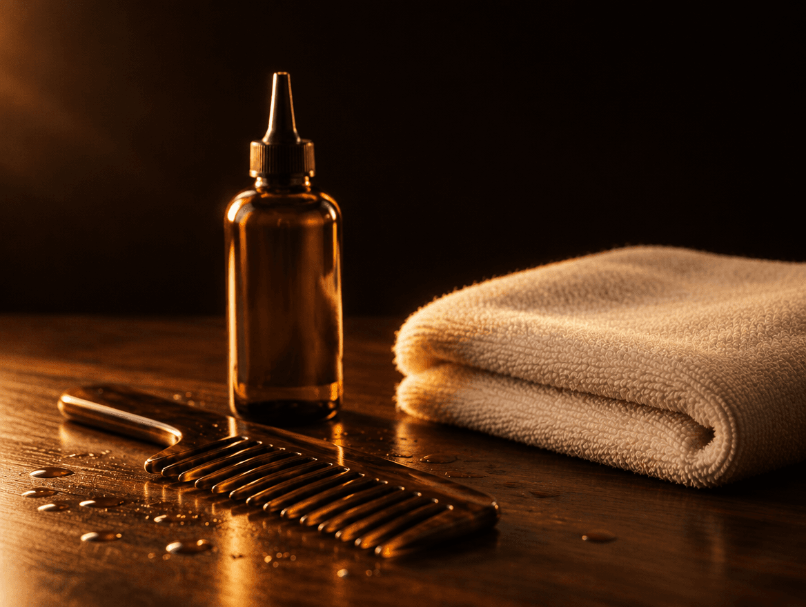 AI illustration: a wide-tooth comb, an applicator bottle and a folded towel on a dark wood counter, ready for wash day in braids